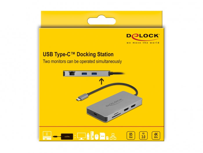 DeLOCK Dockingstation – USB-C, 2× DP, 2× HDMI, 2× USB-A, 85 W PD, GbE, SD/microSD, für Windows/Mac/Linux