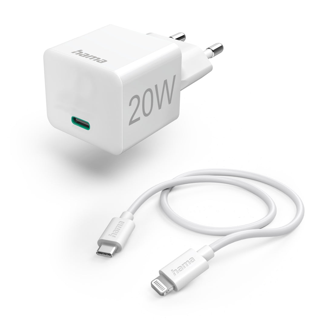 Hama 00125124 USB-Ladegerät 20 W – USB-C×1, PD – mit Lightning-Kabel – für Apple iPhone/iPad/iPod – Weiss