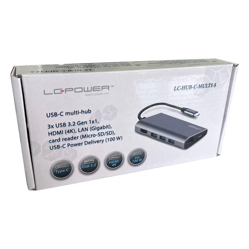 LC-Power LC-C-multi-5 Multiport-Adapter – USB-C, 1× HDMI, 3× USB-A, 1× USB-C, 100 W PD, GbE, SD/microSD