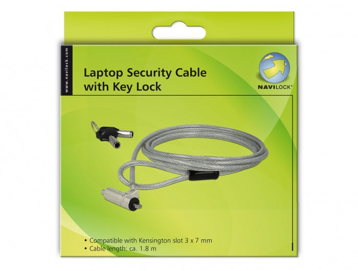 Navilock Kabelschloss für Notebook – Kensington, 1,8 m, 2 Schlüssel – Silber