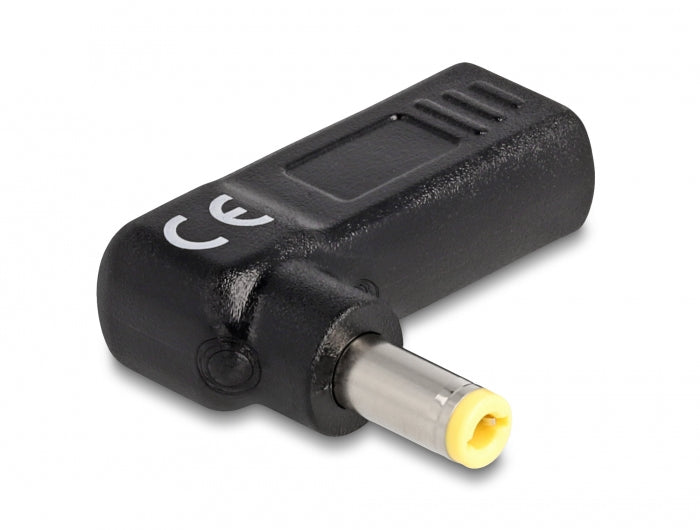 DeLOCK USB-C zu 5,5 × 2,5 mm Adapter – 19 V, 3 A, gewinkelt, für Laptops mit 5,5 × 2,5 mm Buchse – Schwarz
