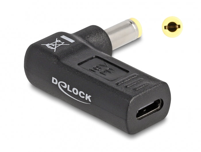 DeLOCK USB-C zu 5,5 × 2,5 mm Adapter – 19 V, 3 A, gewinkelt, für Laptops mit 5,5 × 2,5 mm Buchse – Schwarz