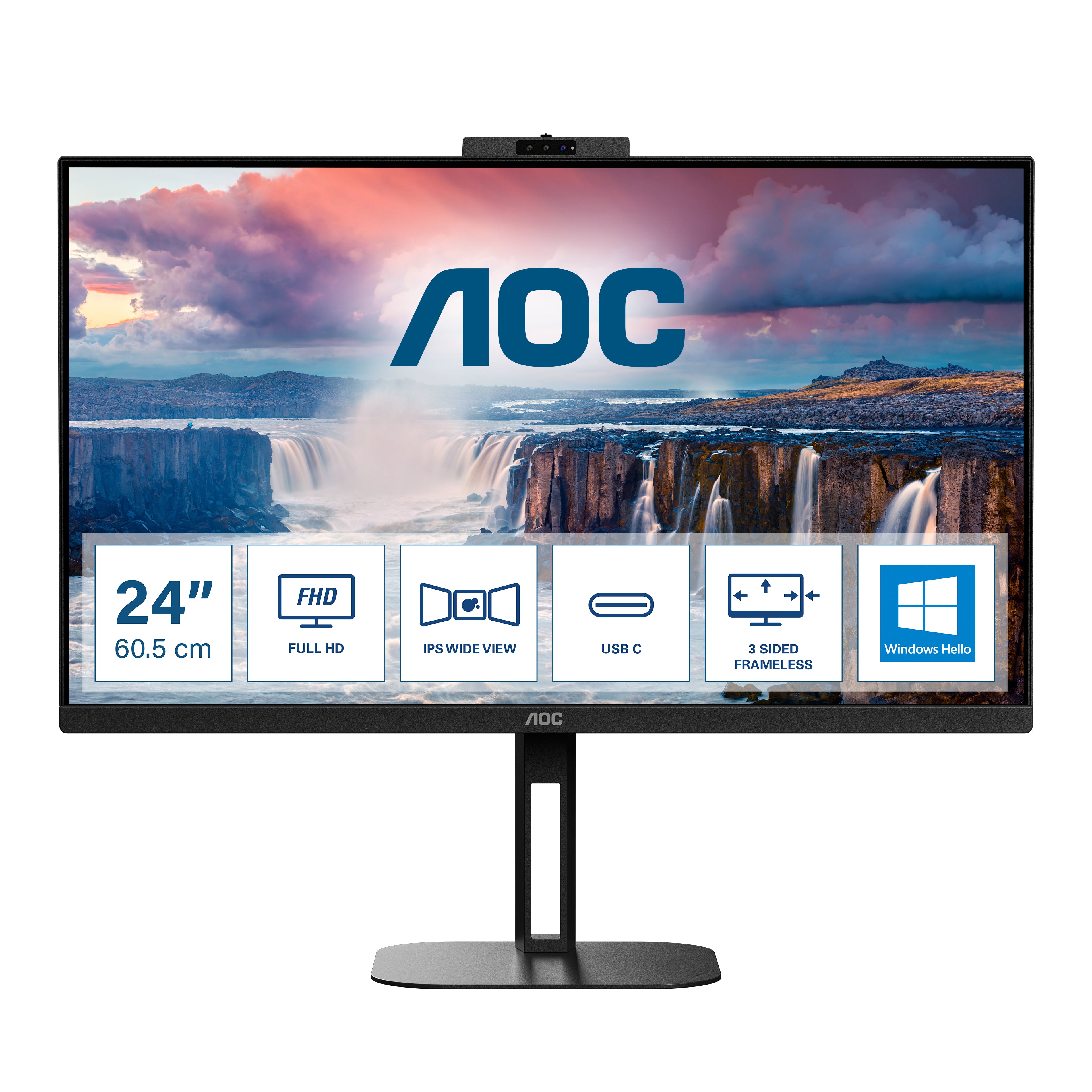 AOC 24V5CW/BK – Monitor, 23,8", IPS, 75 Hz, 300 cd/m², USB-C, Webcam, VESA 100 × 100, Schwarz