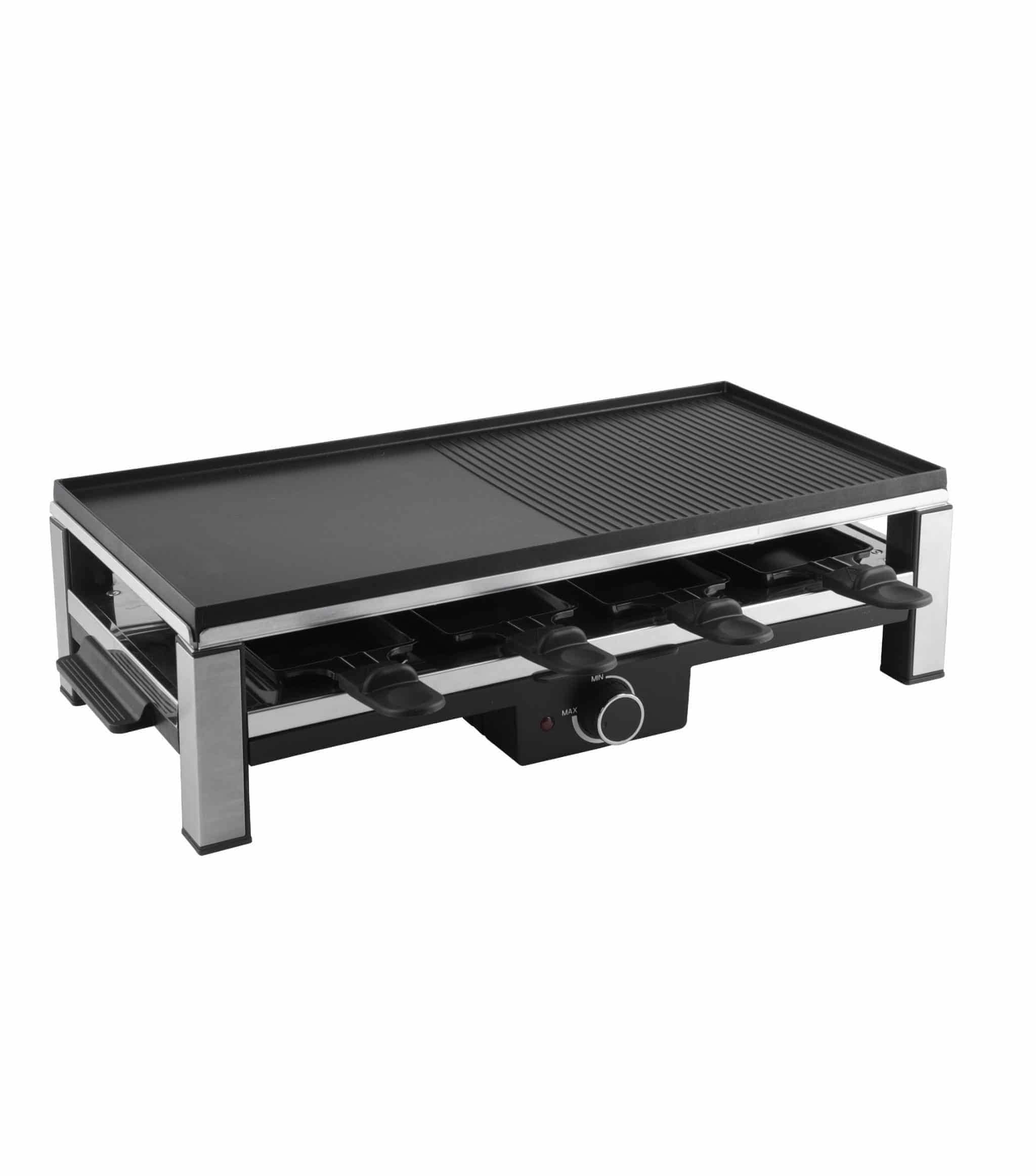 Ohmex Raclette OHM-RCL-2298 – 8 Personen, 2000 W, Druckguss-Grillplatte, antihaft – schwarz/silber