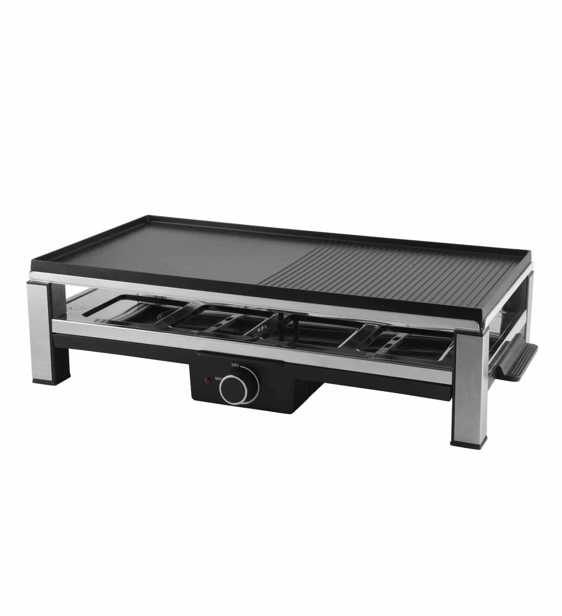 Ohmex Raclette OHM-RCL-2298 – 8 Personen, 2000 W, Druckguss-Grillplatte, antihaft – schwarz/silber