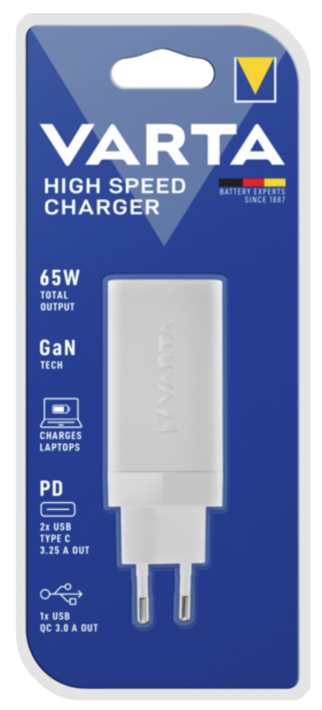 Varta High Speed Charger USB-Wandladegerät 65 W – USB-C×2, USB-A×1 – PD – Weiss