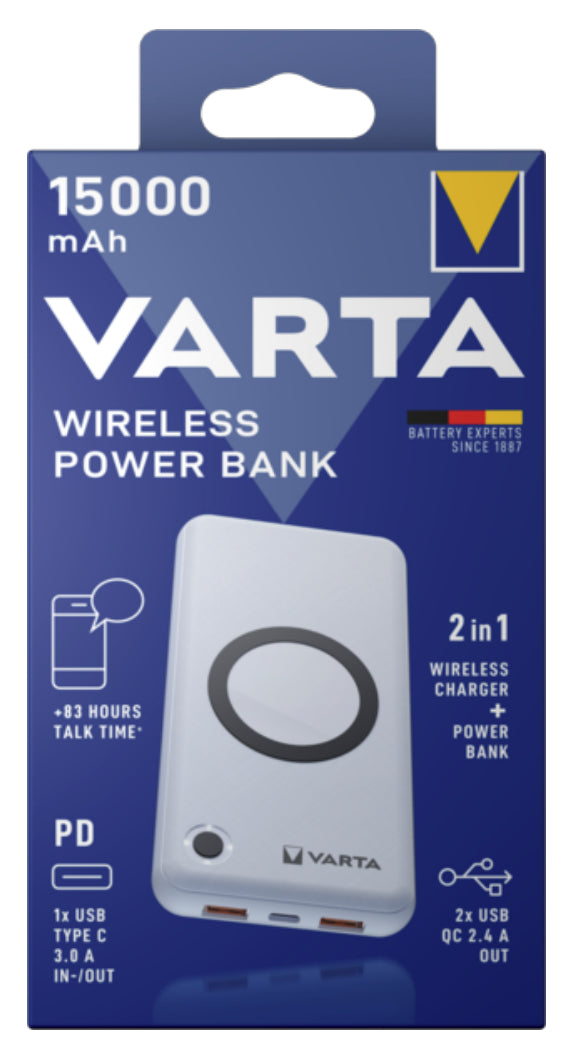 Varta Wireless Powerbank 15'000 mAh – 20 W PD, Wireless 10 W, 1× USB-C, 2× USB-A, weiss