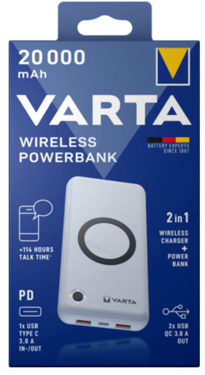 Varta Wireless Powerbank 20'000 mAh – 20 W PD, Wireless 10 W, 1× USB-C, 2× USB-A, Weiss