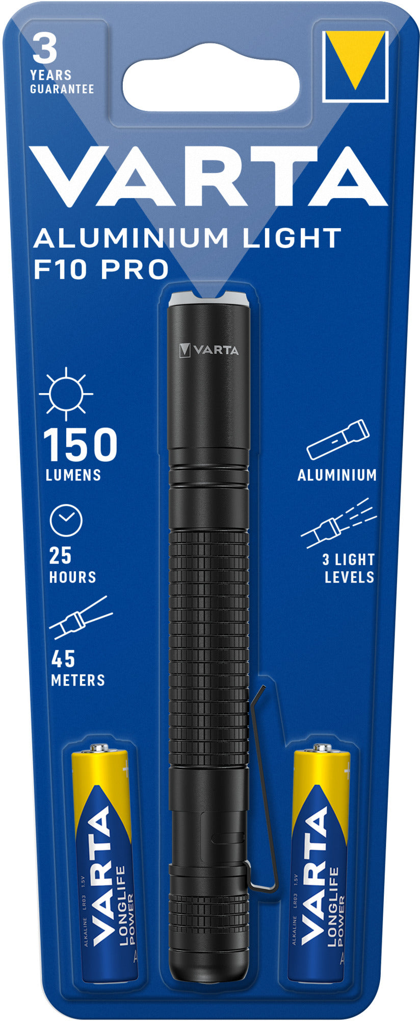 Varta Taschenlampe Light F10 Pro 2AA – 30 lm, 23 m, Batteriebetrieb 2× AA – Aluminium