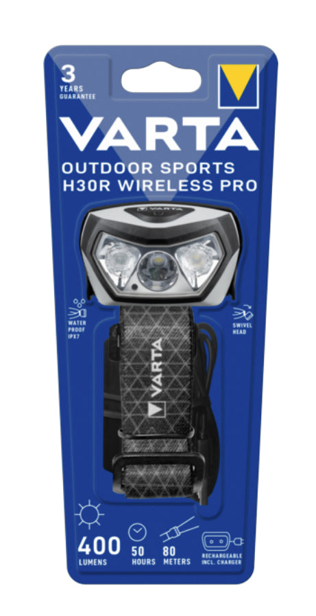 Varta Stirnlampe H30R Wireless Pro – 400 lm, 45 m, IPX7, Akku, drahtloses Aufladen – Schwarz