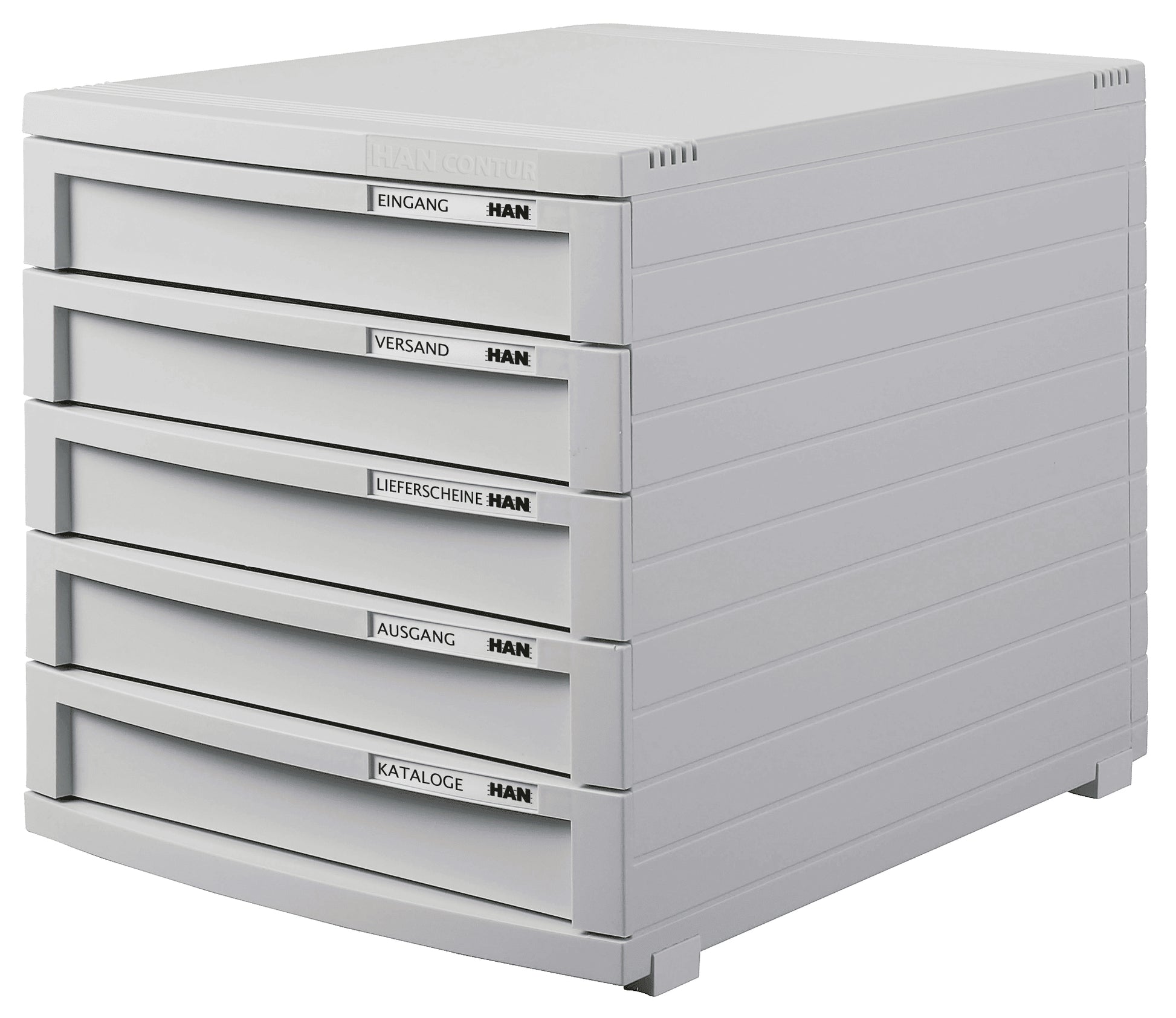 HAN Contur Schubladenelement – 5 Schubladen, für A4, grau, Polystyrol (PS), B 382 × H 307 × T 300 mm