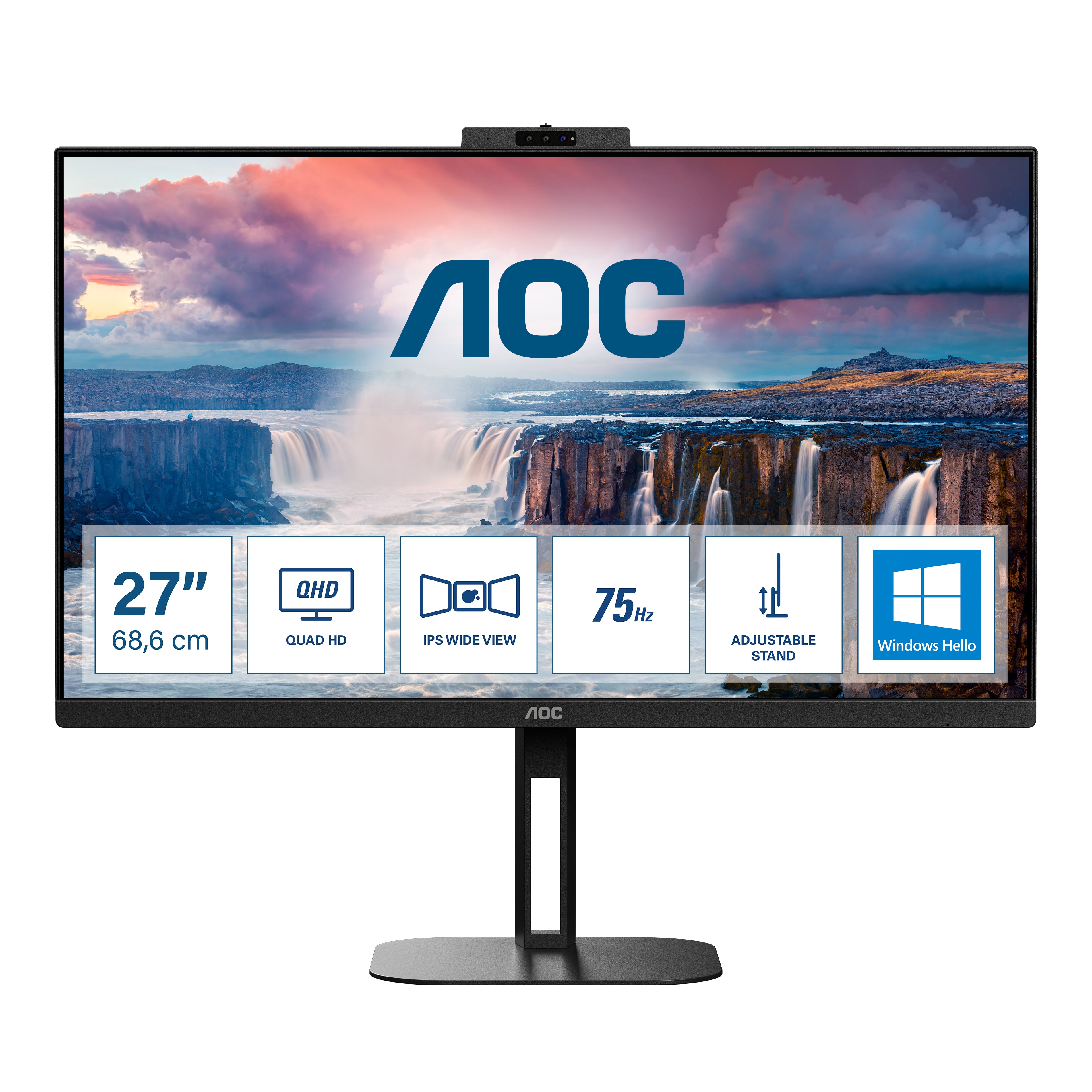 AOC Q27V5CW/BK – Monitor, 27", IPS, 75 Hz, 300 cd/m², Webcam, USB-C, Lautsprecher, VESA 100 × 100, Schwarz