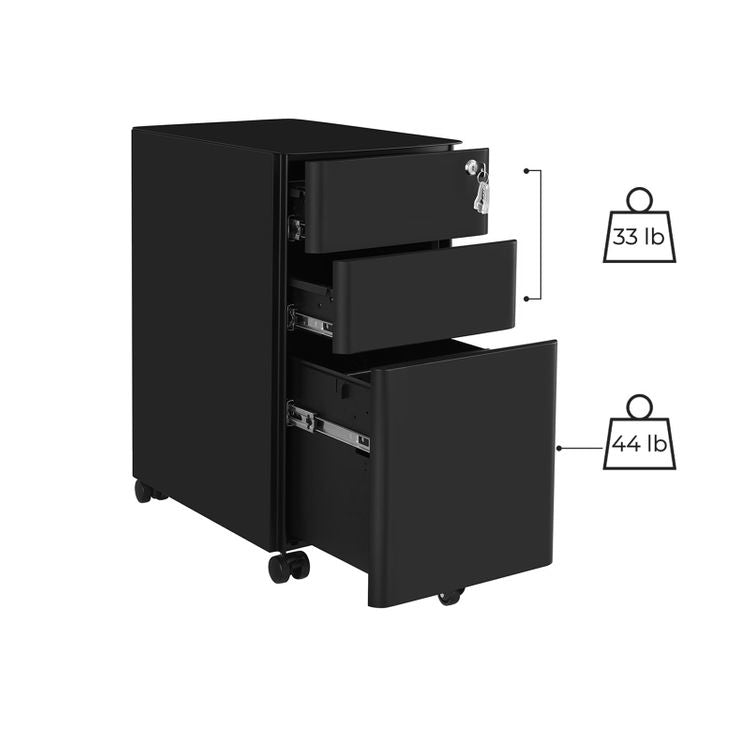 Songmics OFC030B01 – Rollcontainer, 3 Schubladen, abschliessbar, 460 × 300 × 592 mm, schwarz, Stahl