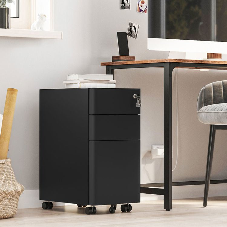 Songmics OFC030B01 – Rollcontainer, 3 Schubladen, abschliessbar, 460 × 300 × 592 mm, schwarz, Stahl