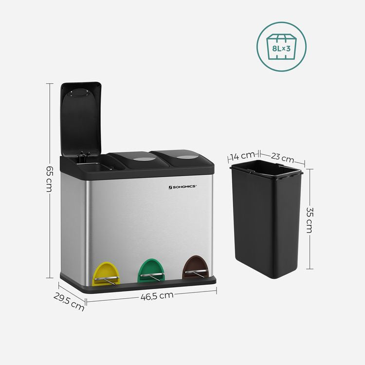 Songmics Systempapierkorb – 8 + 8 + 8 l – Edelstahl, Silber – B × H × T 465 × 295 × 405 mm