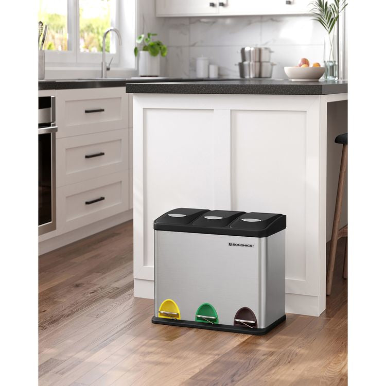 Songmics Systempapierkorb – 8 + 8 + 8 l – Edelstahl, Silber – B × H × T 465 × 295 × 405 mm