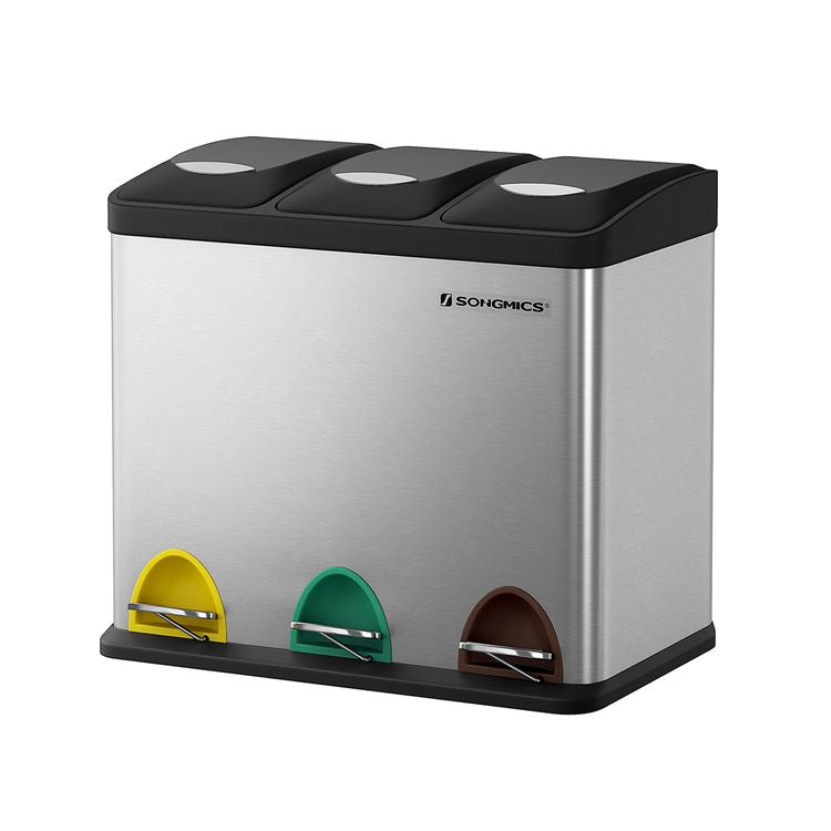 Songmics Systempapierkorb – 8 + 8 + 8 l – Edelstahl, Silber – B × H × T 465 × 295 × 405 mm