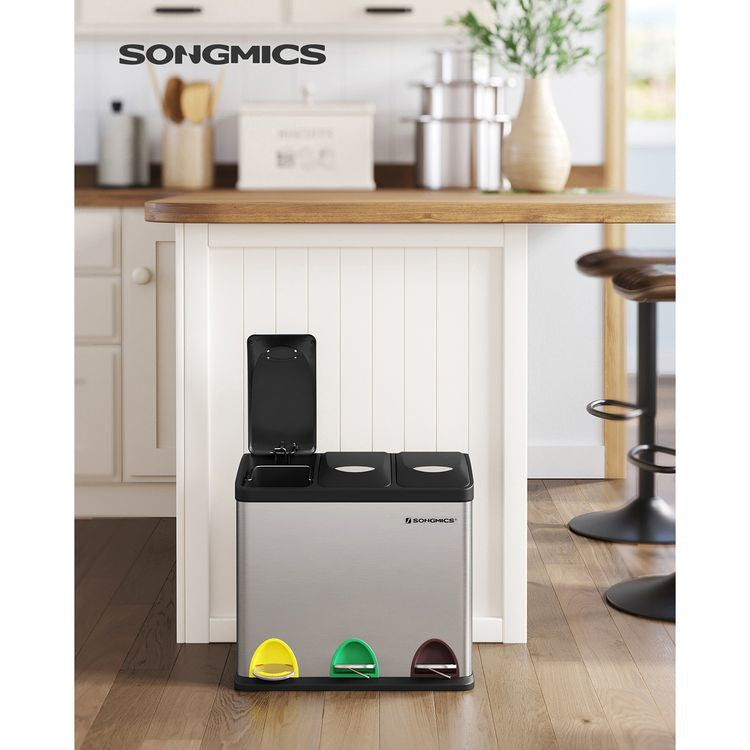 Songmics Systempapierkorb – 8 + 8 + 8 l – Edelstahl, Silber – B × H × T 465 × 295 × 405 mm