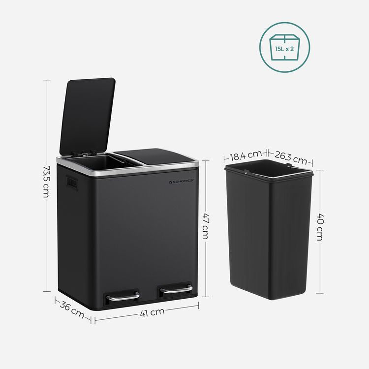 Songmics Systempapierkorb – 15 + 15 l, mit Deckel – Edelstahl – B × H × T 410 × 735 × 360 mm
