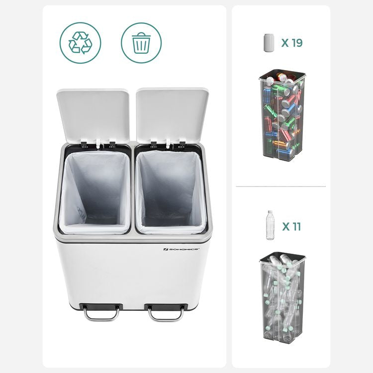 Songmics Papierkorb – 15 l – Stahl, weiss – B × H × T 410 × 470 × 315 mm, 2 Behälter