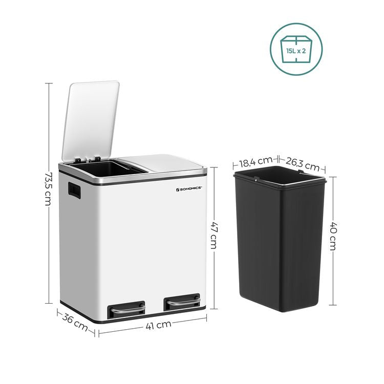Songmics Papierkorb – 15 l – Stahl, weiss – B × H × T 410 × 470 × 315 mm, 2 Behälter