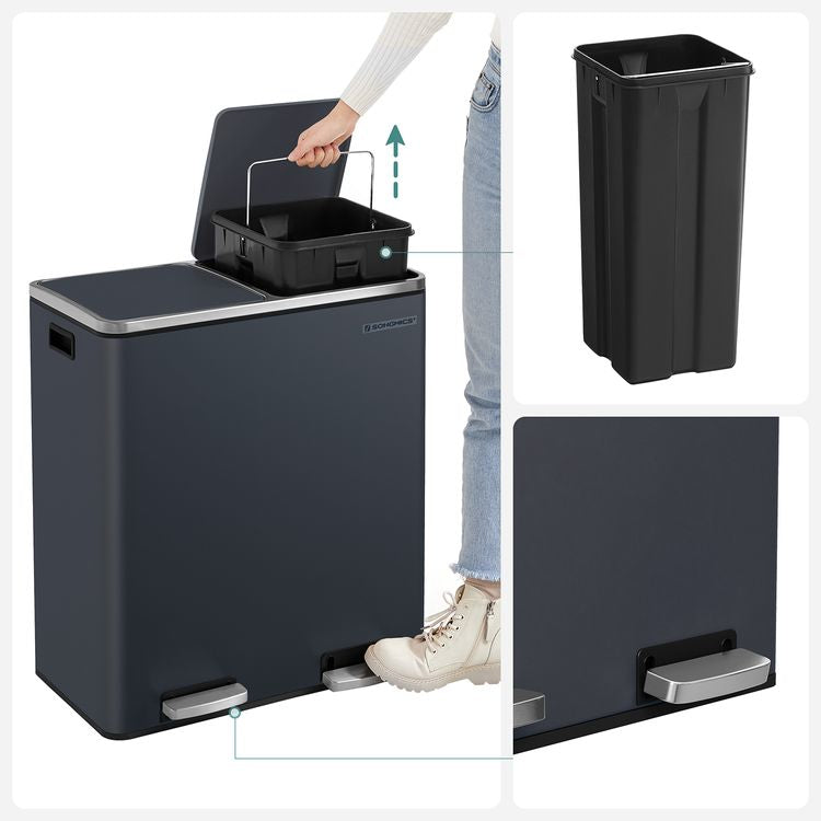 Songmics Systempapierkorb – 30 + 30 l, mit Deckel – Stahl, grau – B × H × T 585 × 650 × 360 mm