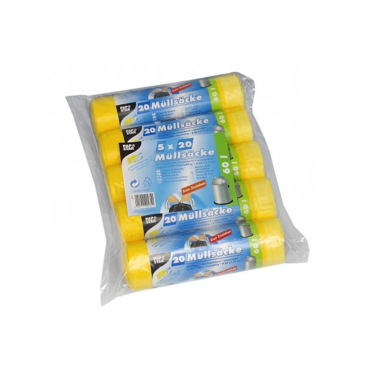 Weita Mehrzweckbeutel – 60 L, mit Zugband, HDPE, Gelb, 640 × 710 mm, 100 Stk