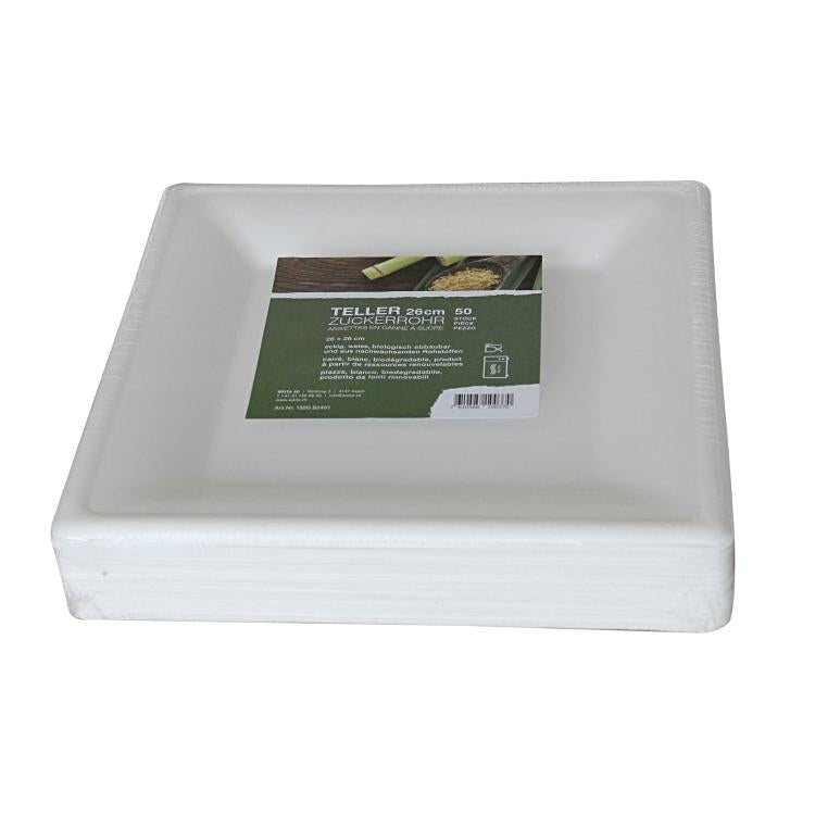 Weita Teller, Bagasse (Zuckerrohr), rechteckig – 26 × 26 cm, weiss – 50 Stk.