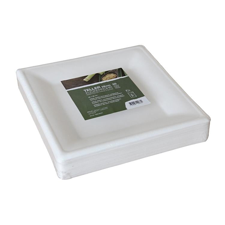 Weita Teller, Bagasse (Zuckerrohr), rechteckig – 26 × 26 cm, weiss – 50 Stk.