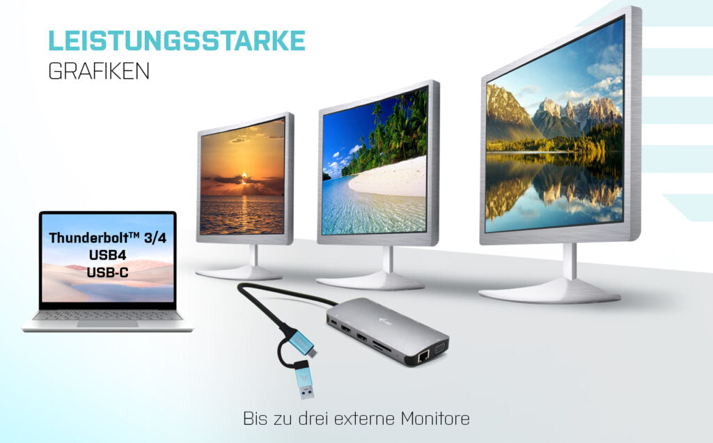 i-tec Metal Nano Dockingstation – USB-C, 2× HDMI, 1× VGA, 4× USB-A, 100 W PD, GbE, für Windows/Mac/Linux
