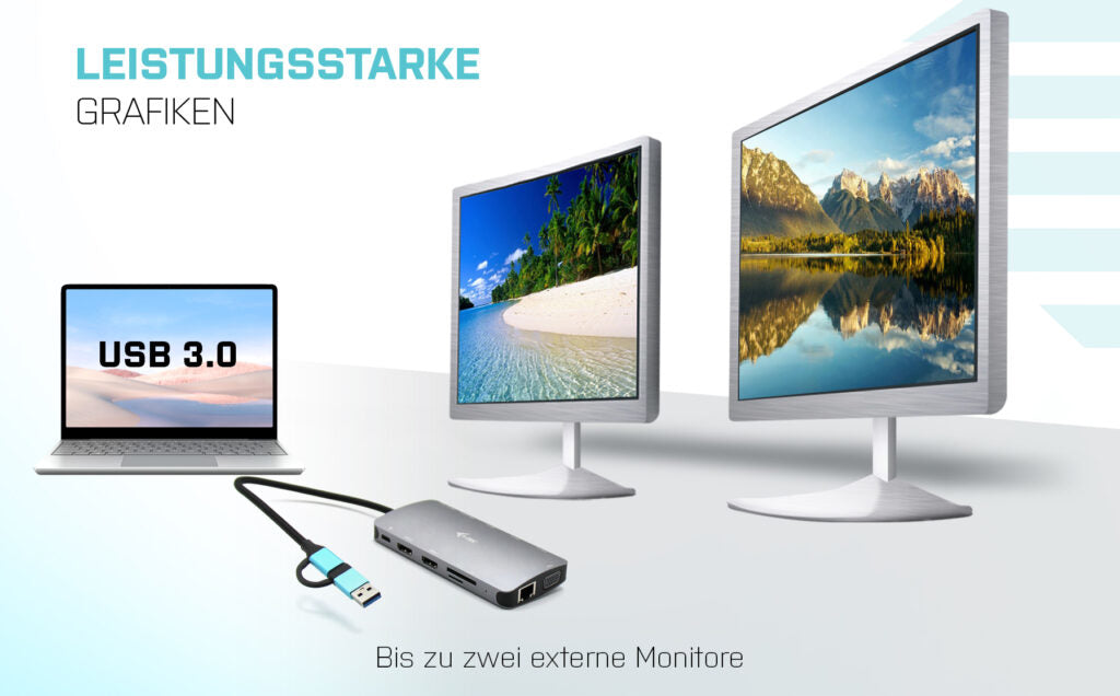 i-tec Metal Nano Dockingstation – USB-C, 2× HDMI, 1× VGA, 4× USB-A, 100 W PD, GbE, für Windows/Mac/Linux