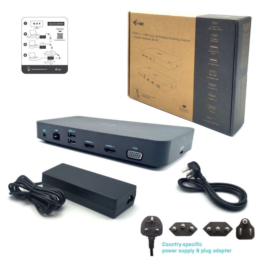 i-tec Dockingstation – USB-C, 2× HDMI, 1× VGA, 100 W PD, GbE, 3,5 mm Audio, für Windows/Mac/Android