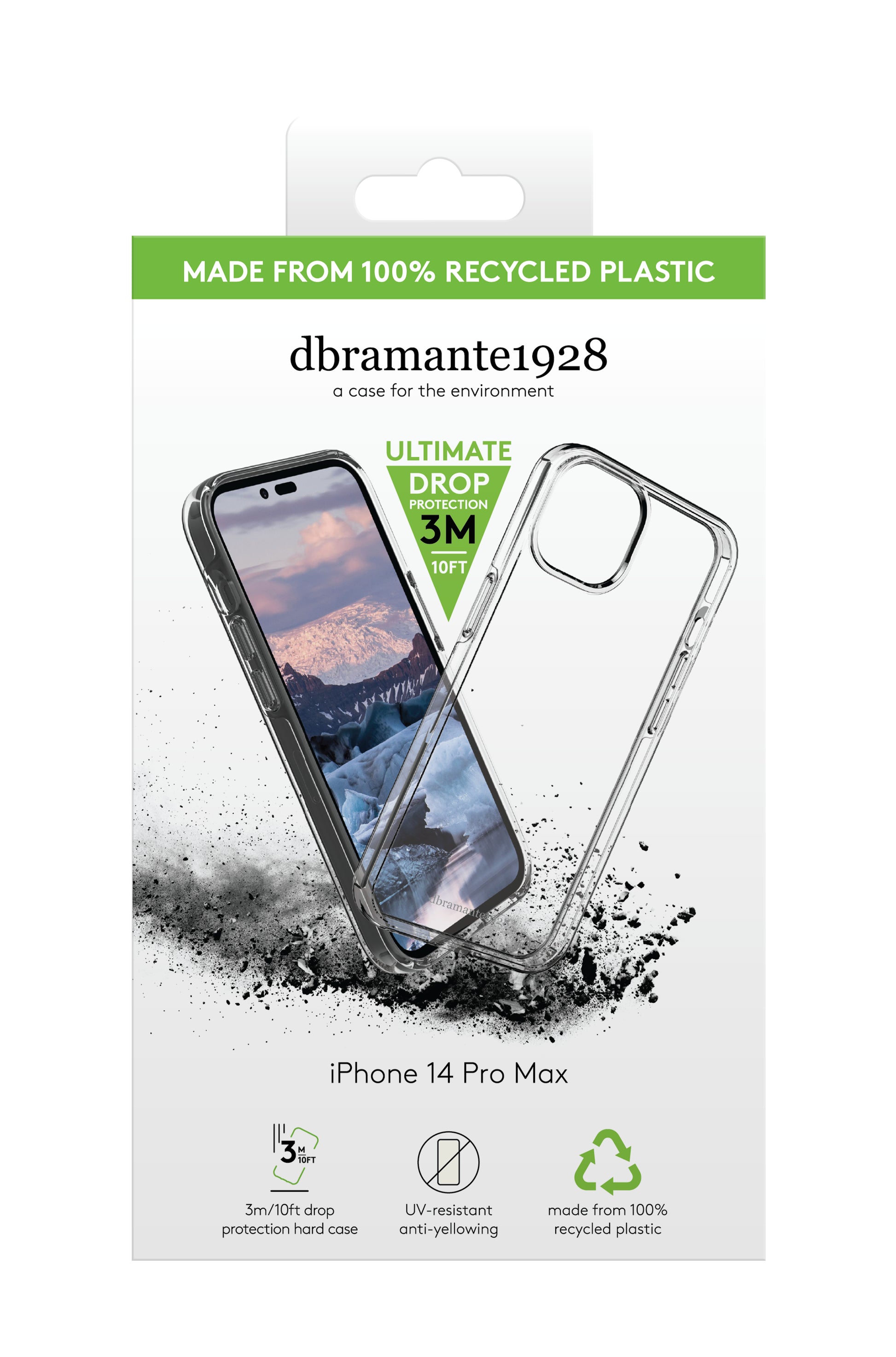 dbramante1928 Backcover – für Apple iPhone 14 Pro Max, Recycling-Kunststoff, transparent, bis 3 m sturzsicher