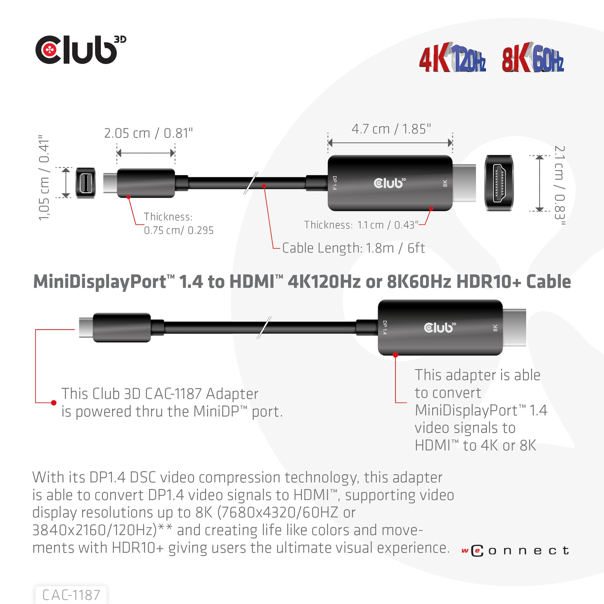 CLUB3D Mini DisplayPort auf HDMI Kabel HDMI 2.1 8K 60 Hz – 1,8 m – HDR – für Windows, Mac