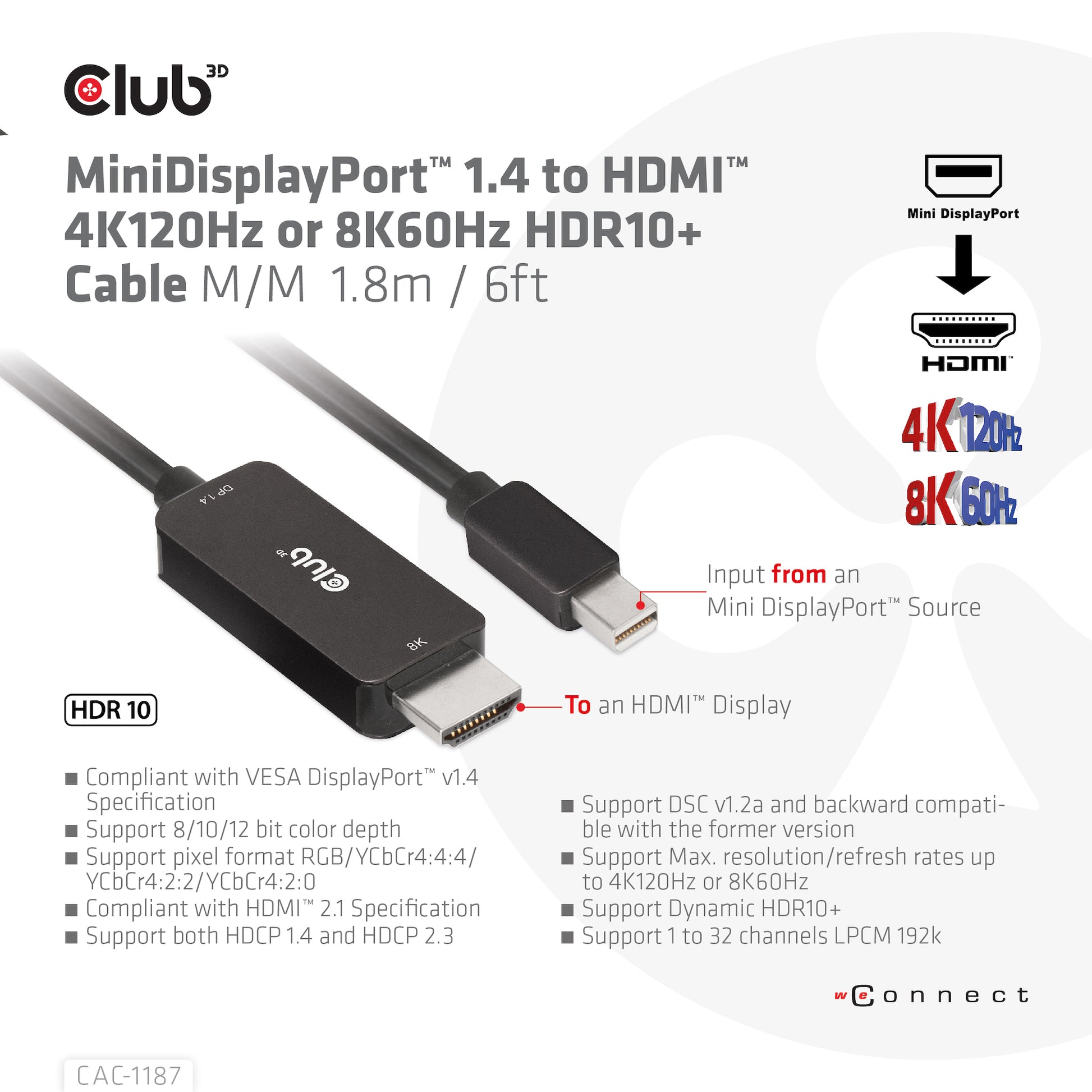 CLUB3D Mini DisplayPort auf HDMI Kabel HDMI 2.1 8K 60 Hz – 1,8 m – HDR – für Windows, Mac
