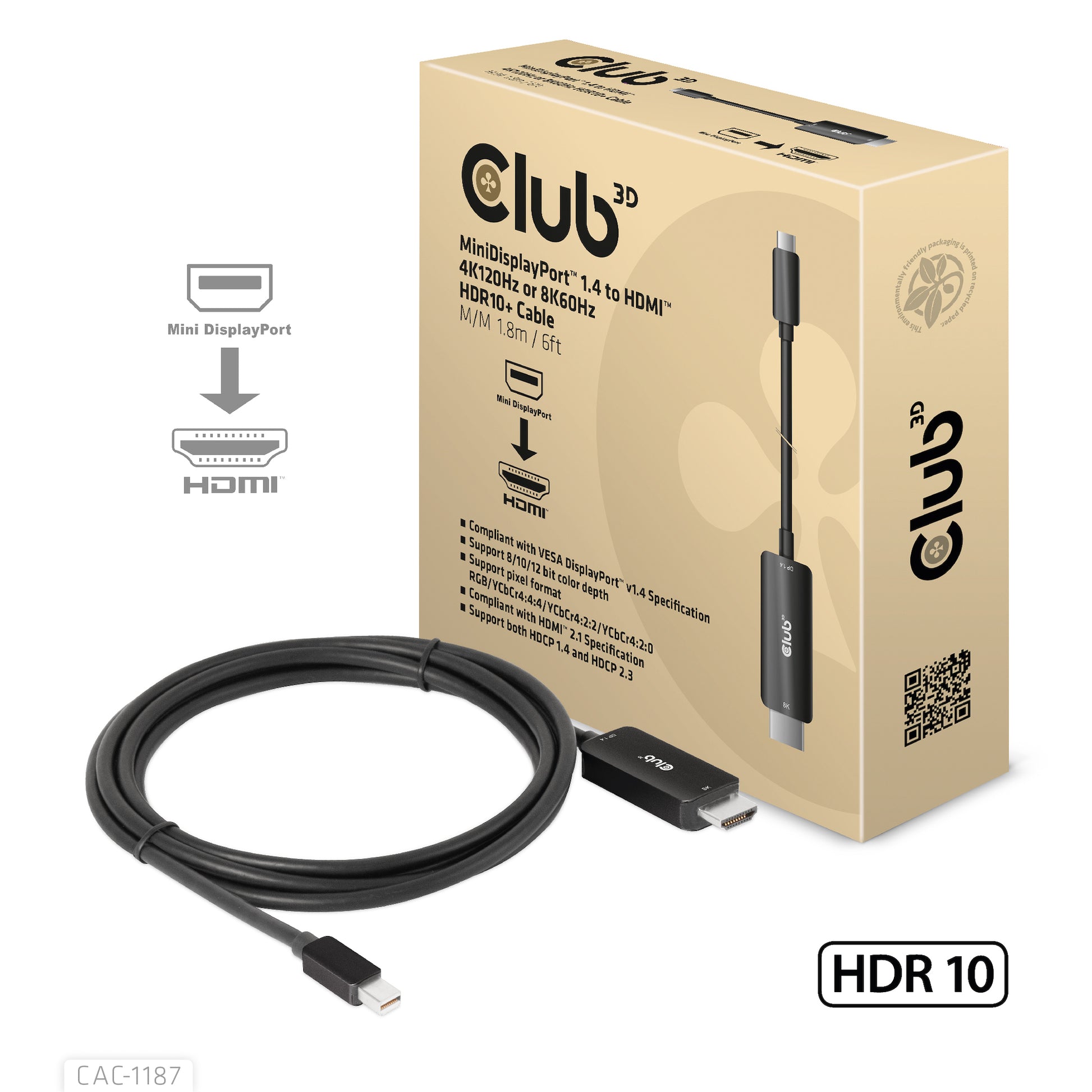 CLUB3D Mini DisplayPort auf HDMI Kabel HDMI 2.1 8K 60 Hz – 1,8 m – HDR – für Windows, Mac