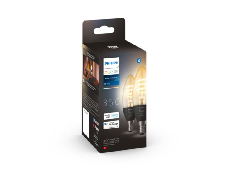 Philips Hue Smart-Leuchtmittel E14 Kerze – Warmweiss 2200–4500 K, 350 lm, 4,4 W, Bluetooth – 2 Stk.