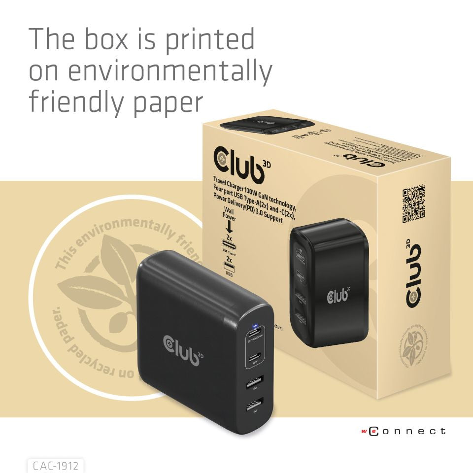 CLUB3D Club 3D CAC-1912EU USB-Ladegerät 100 W – USB-C×2, USB-A×2 – PD 3.0, GaN, EU-Stecker (Typ C)
