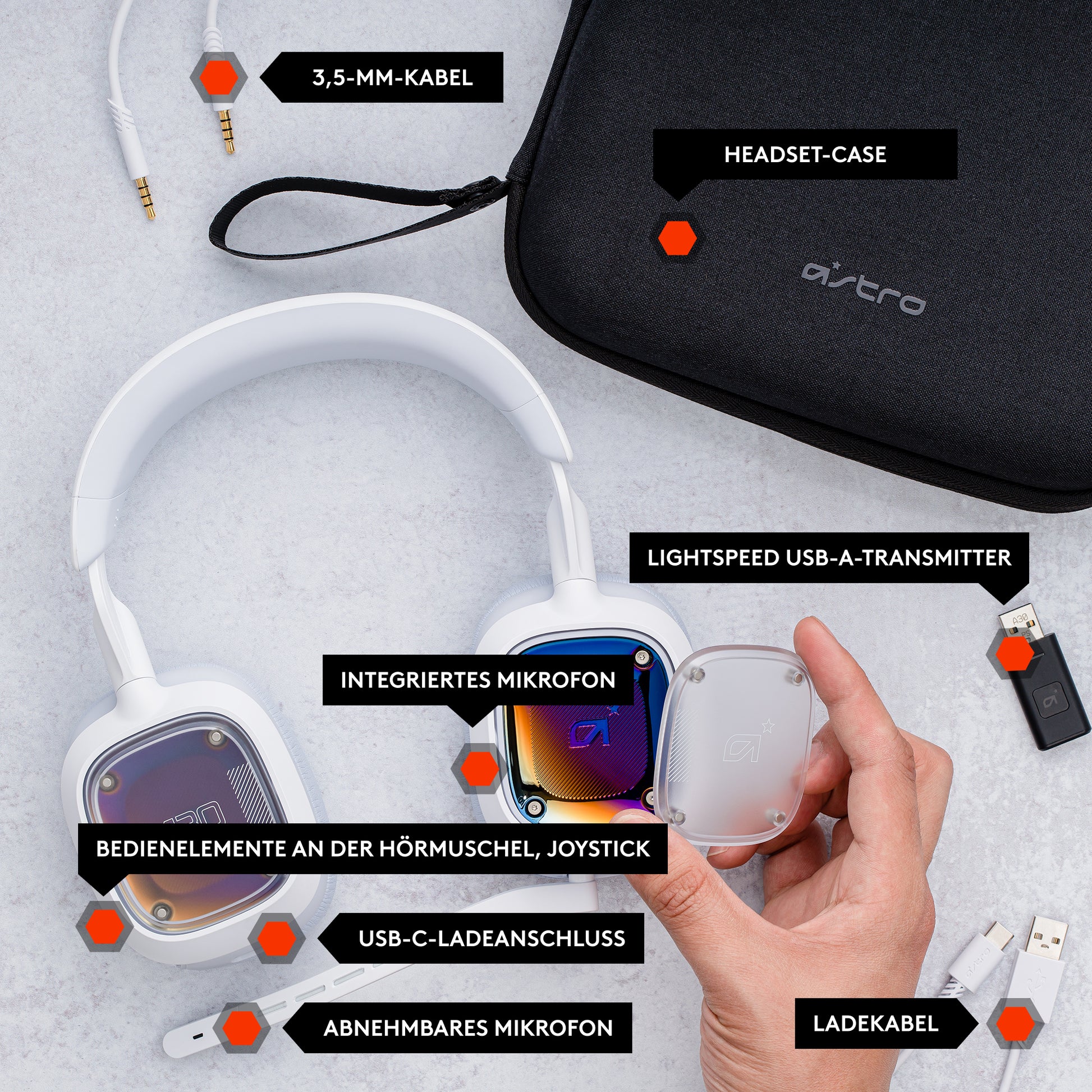 ASTRO Gaming A30 Gaming-Headset – Over-Ear, Stereo, Kabel + BT, mit USB-A-Dongle, Weiss