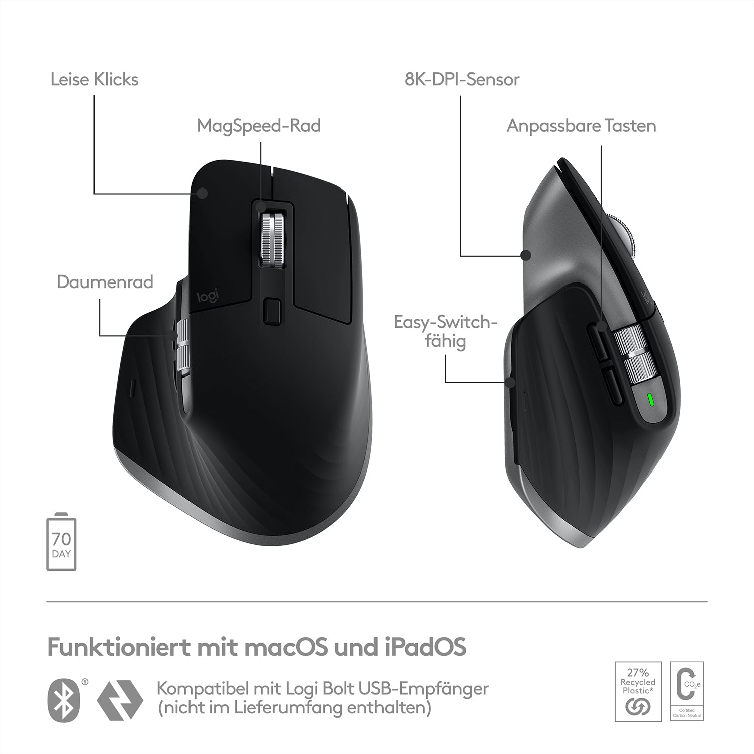 Logitech MX Master 3S für Mac Maus – kabellos, Space Grau