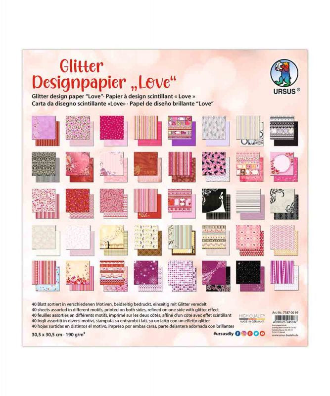 URSUS Designpapier Glitter – 30,5 × 30,5 cm, Love, mehrfarbig, 190 g/m² – 40 Blatt, Kunstpapier
