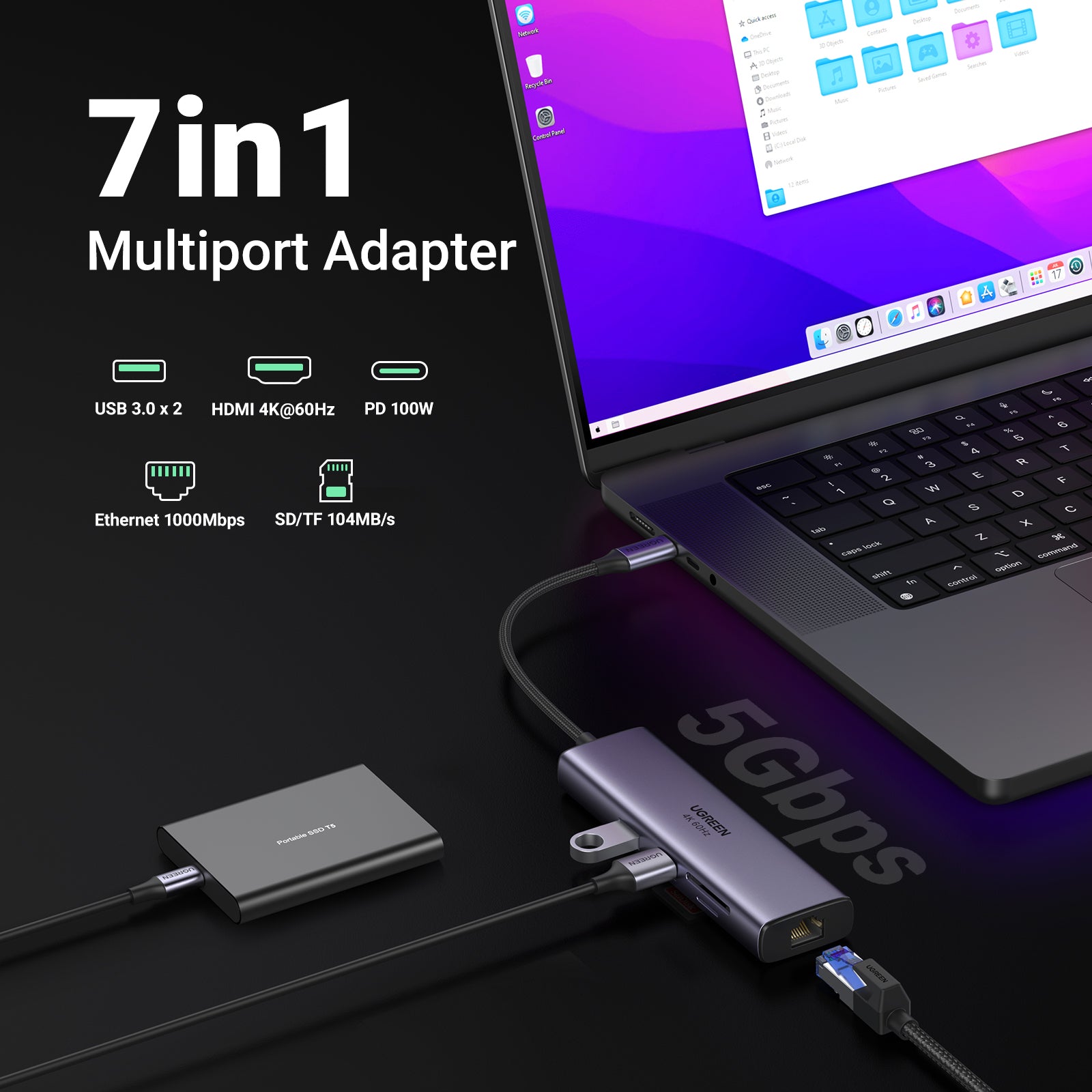Ugreen 60515 Multiport-Adapter – USB-C, HDMI, 2× USB-A, USB-C, 100 W PD, GbE