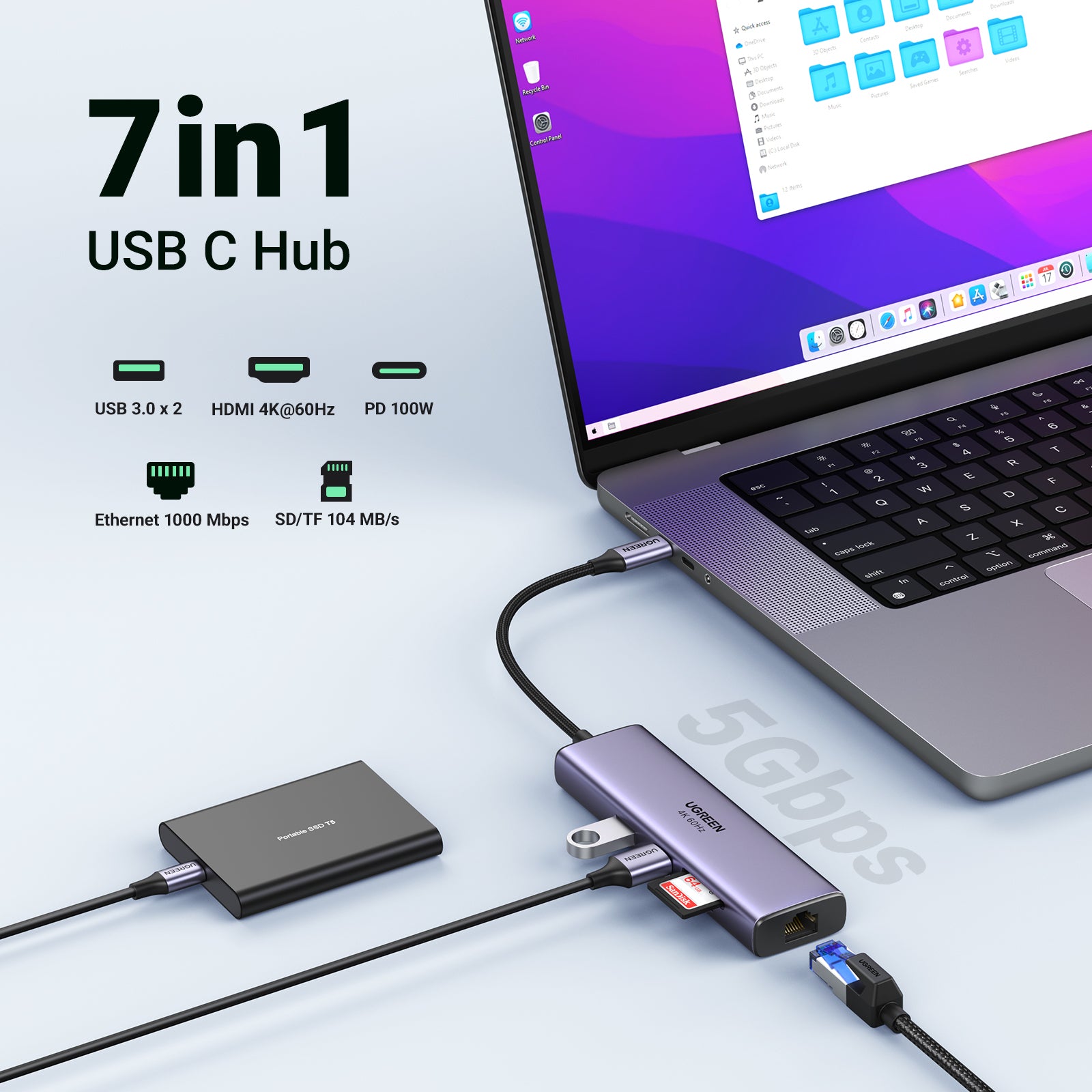 Ugreen 60515 Multiport-Adapter – USB-C, HDMI, 2× USB-A, USB-C, 100 W PD, GbE