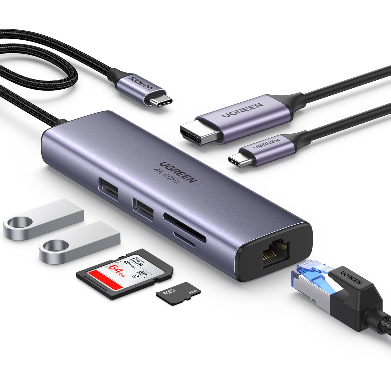 Ugreen 60515 Multiport-Adapter – USB-C, HDMI, 2× USB-A, USB-C, 100 W PD, GbE