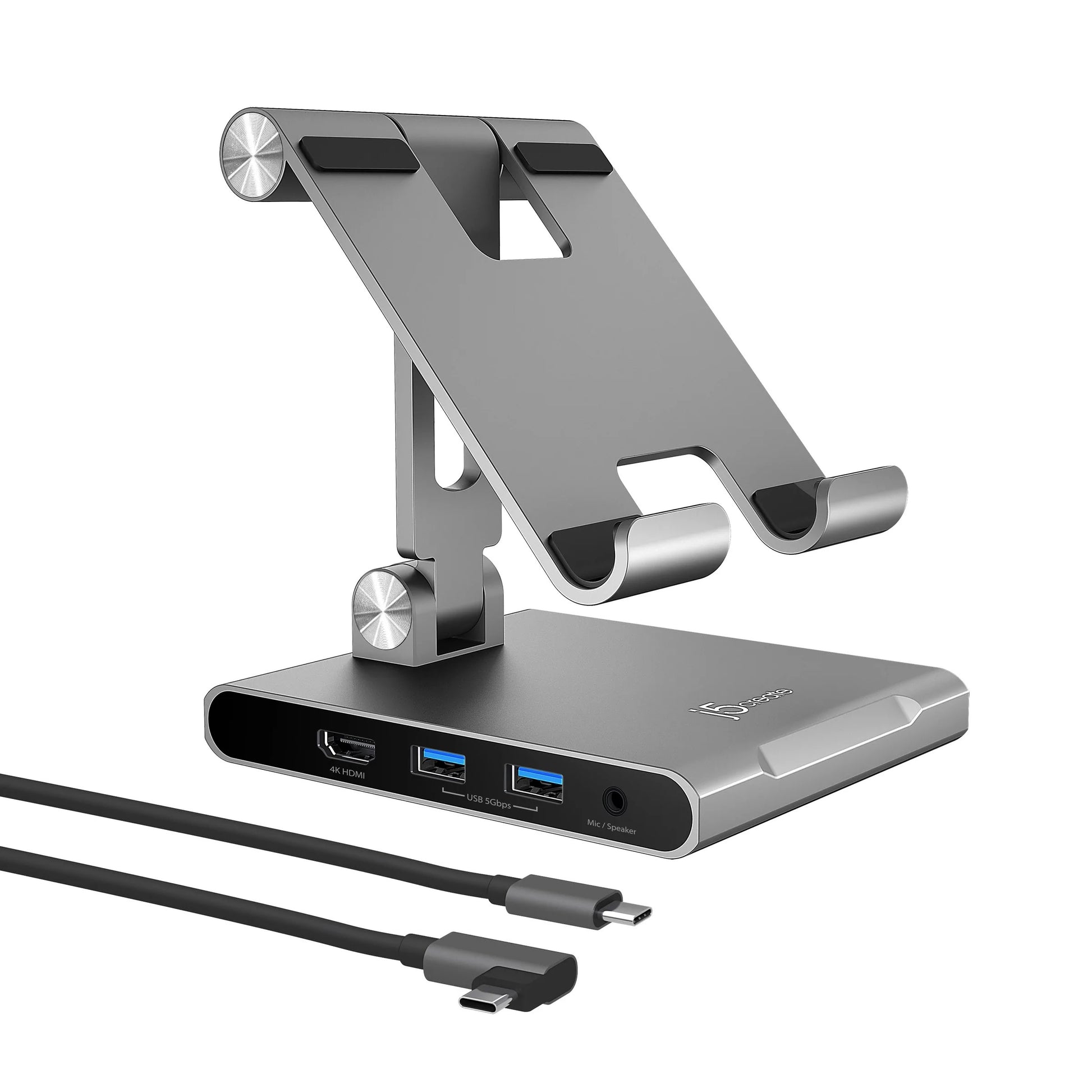 j5create Tablet-Ständer – für iPad Pro/Air/mini mit USB-C-Anschluss – bis 12,9" – USB-C PD 100W – Grau