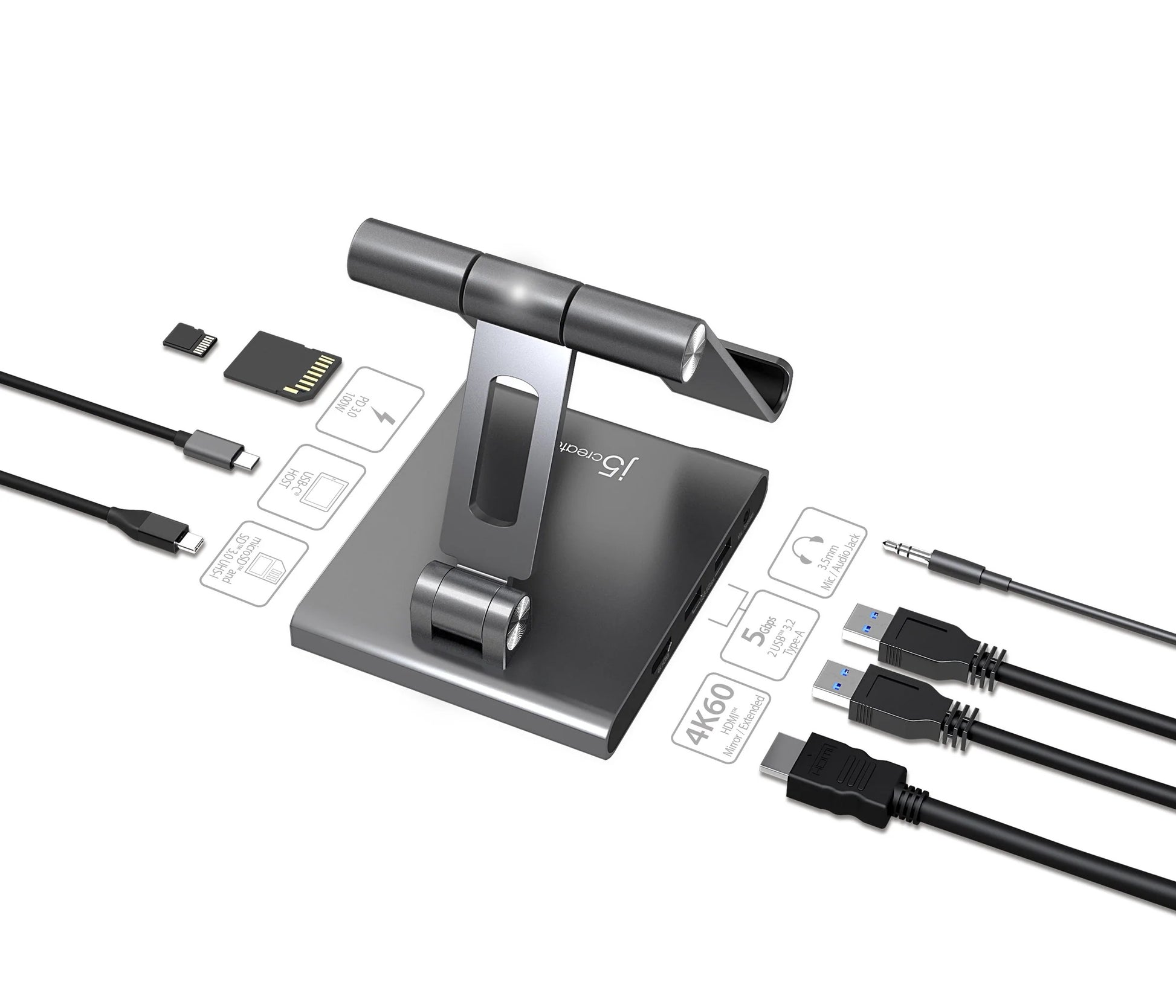 j5create Tablet-Ständer – für iPad Pro/Air/mini mit USB-C-Anschluss – bis 12,9" – USB-C PD 100W – Grau
