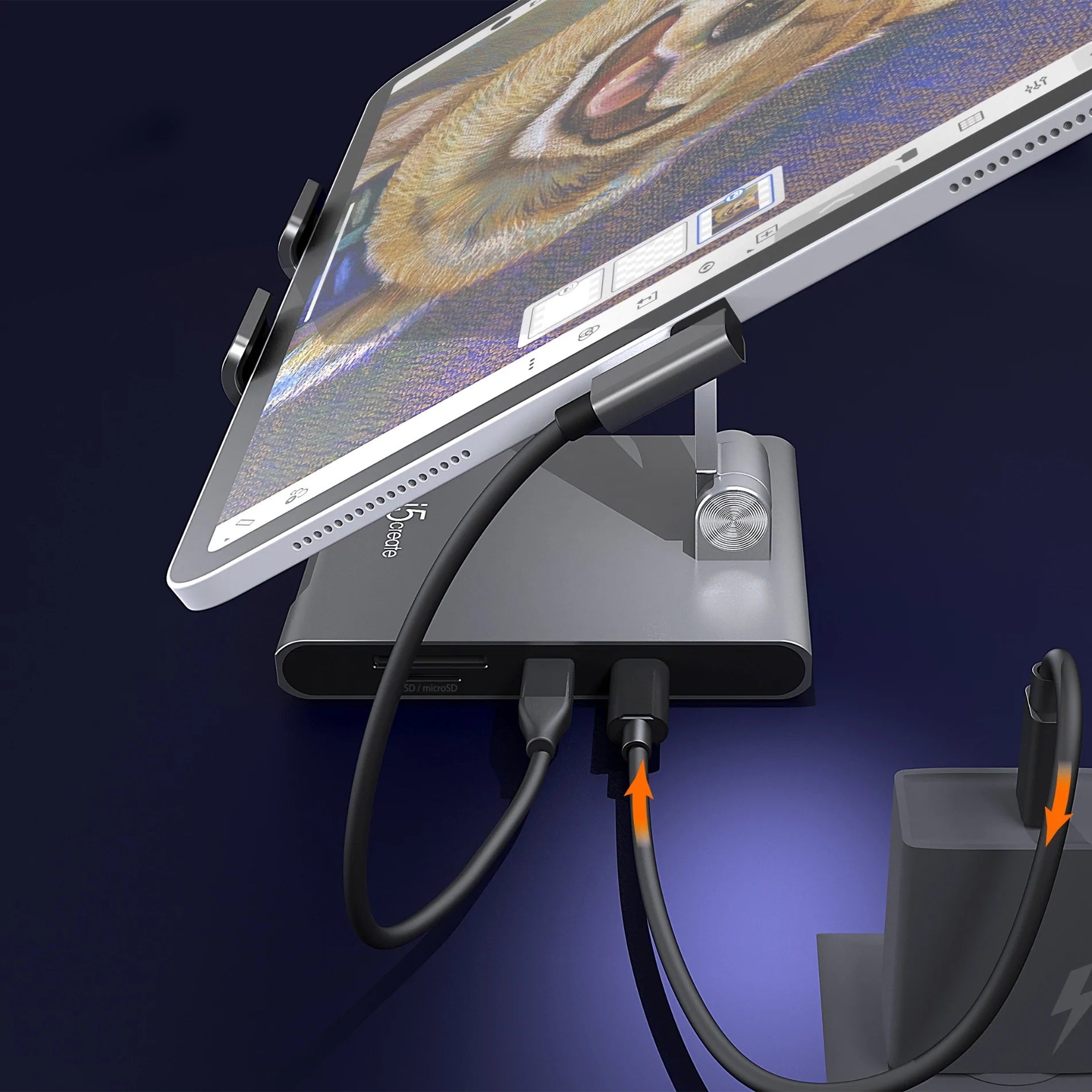 j5create Tablet-Ständer – für iPad Pro/Air/mini mit USB-C-Anschluss – bis 12,9" – USB-C PD 100W – Grau