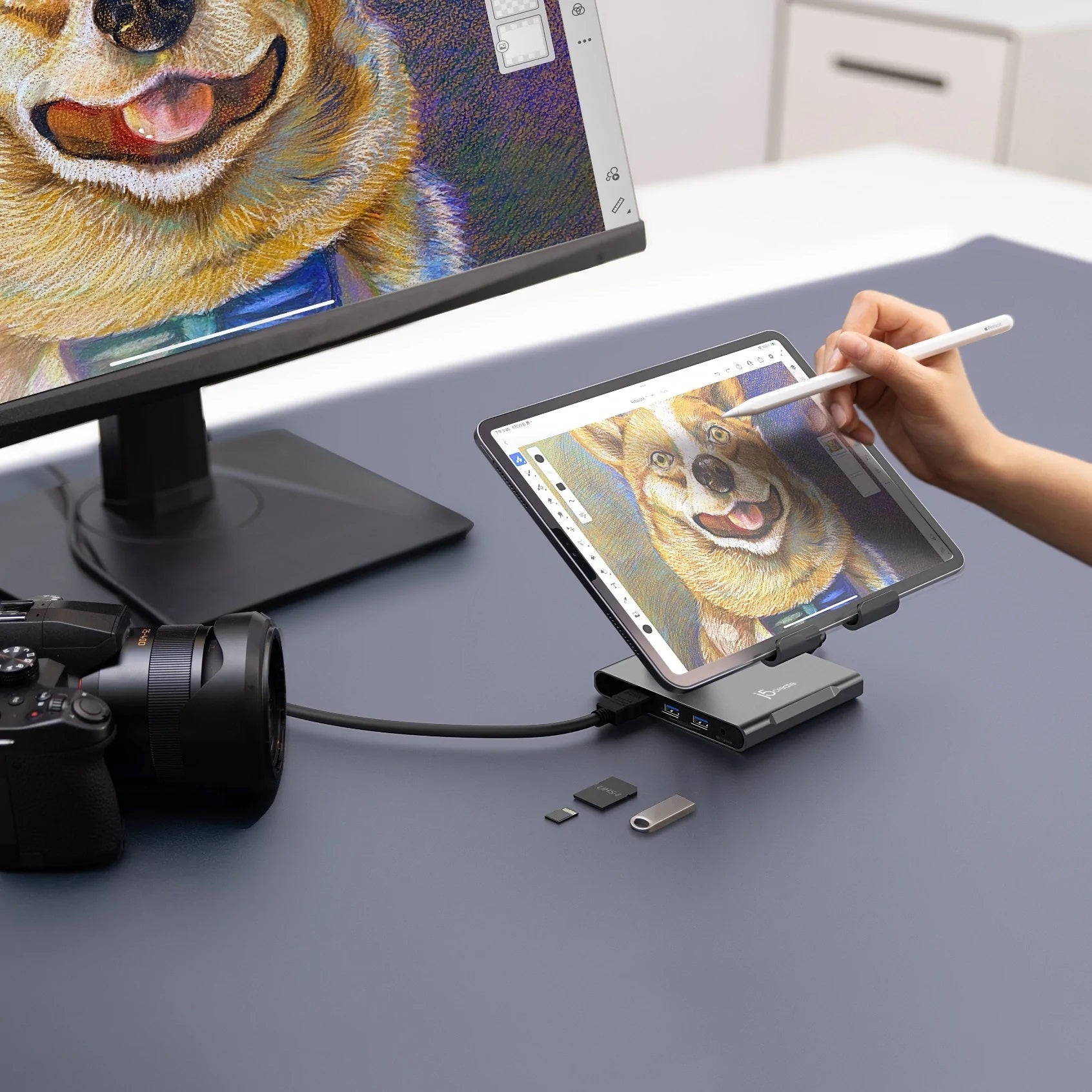 j5create Tablet-Ständer – für iPad Pro/Air/mini mit USB-C-Anschluss – bis 12,9" – USB-C PD 100W – Grau