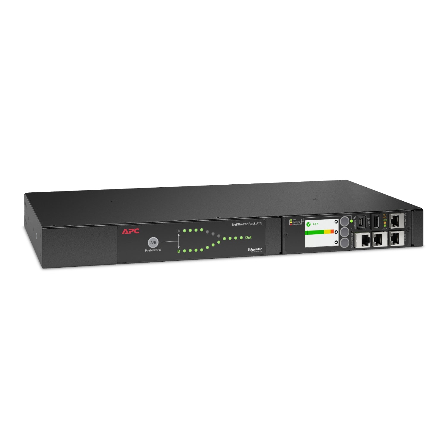 APC Rack-ATS – 207–253 V, 16 A, 8× C13 + 1× C19 OUT, 1U – Schwarz – AP4423A