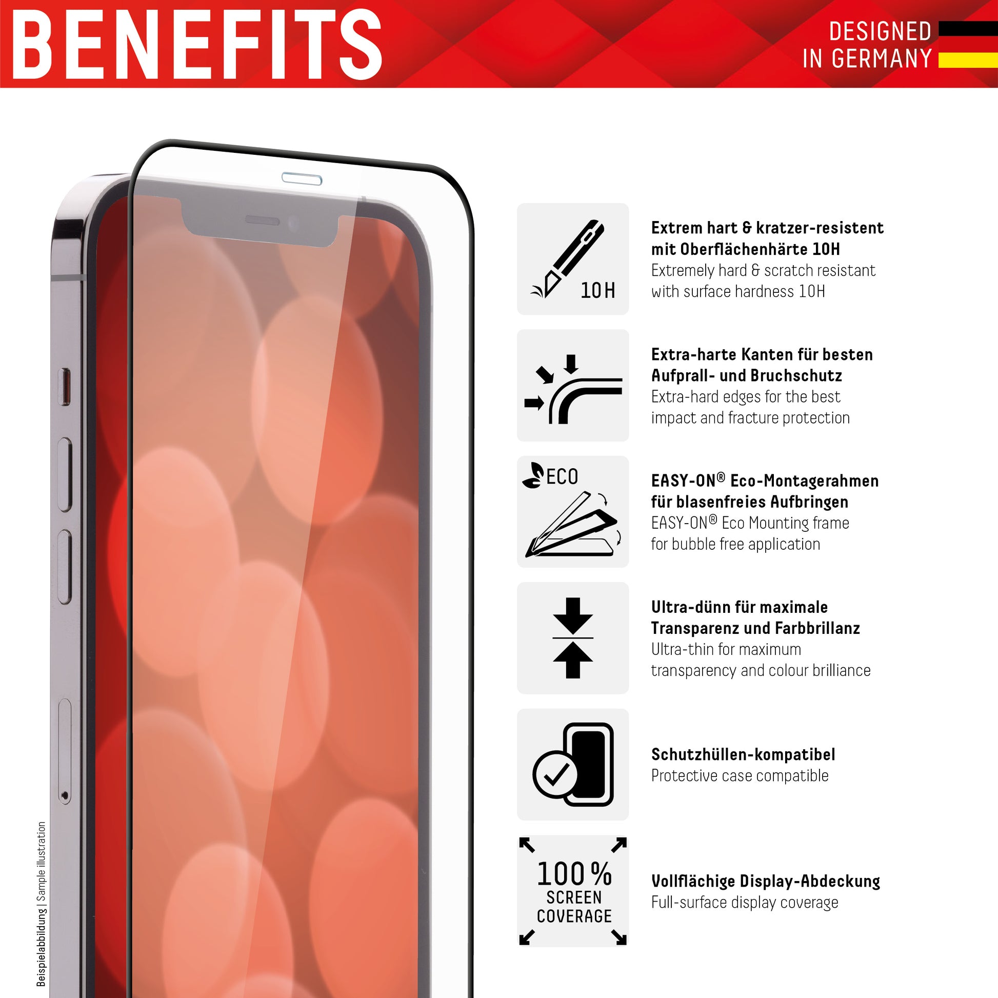 Displex Displayschutz (Panzerglas), Full Cover – für iPhone 13 Pro Max/iPhone 14 Plus – mit Applikator